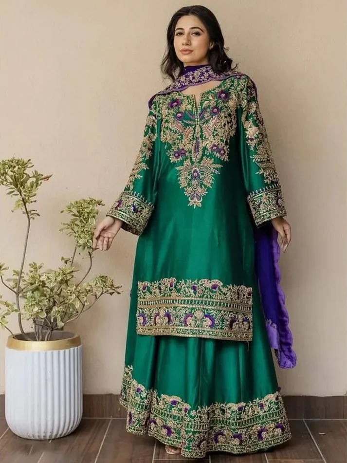 SHEHNAI| Luxury Wedding Embroidered & Embellished Raw Silk 3 Piece Sui ...