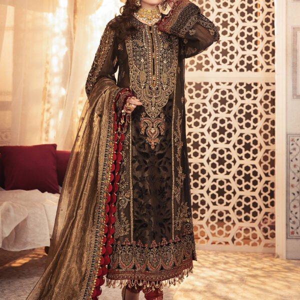 Maria B Unstitched Embroidered Dress – Black & Burnt Gold (BD-2301) | Wedding Luxury Collection